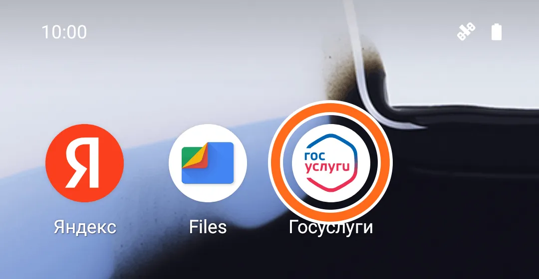 Главный экран телефона: значки «Яндекс», «Files» и «Госуслуги»; значок «Госуслуги» обведён оранжевым кругом.